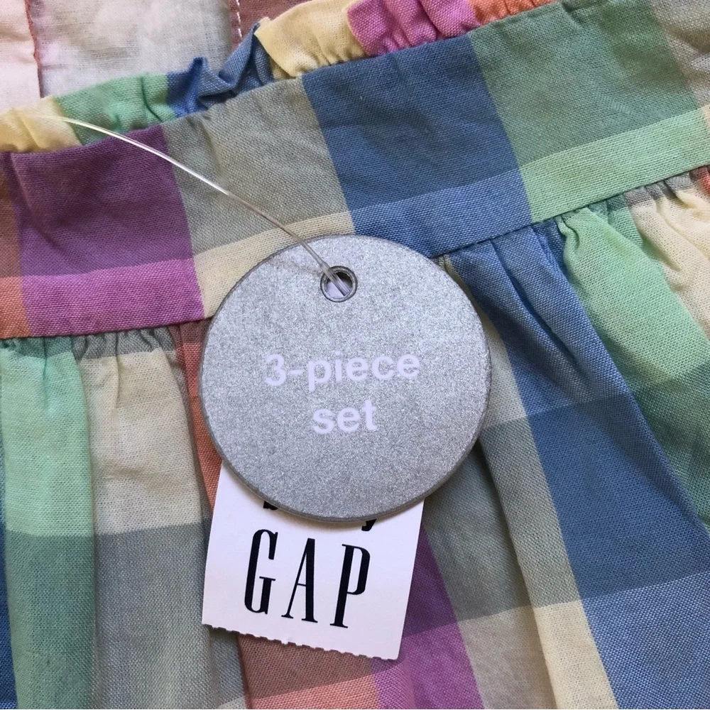 NWT Baby Gap Pastel Rainbow Plaid 3pc Outfit- Top, Bloomers, Headband